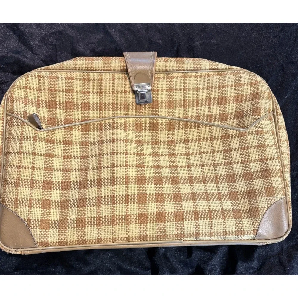 Vintage Plaid Suitcase Tan Yellow Woven Carry On Luggage Made Japan‎ Mid Century